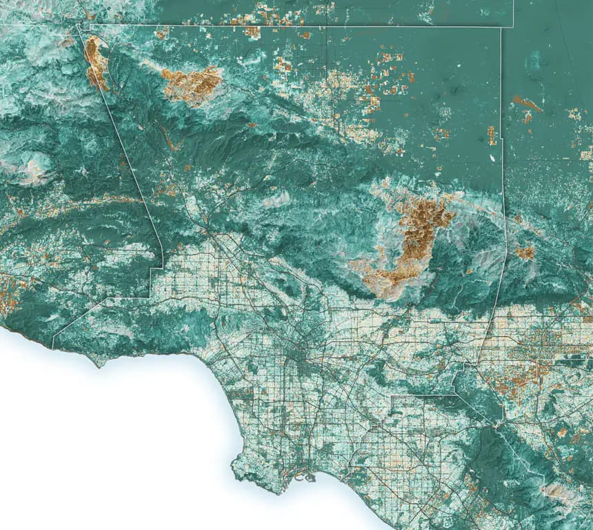 Satellite map of Los Angeles County showing vegetation much greener than average in summer 2024, especially across the mountains and foothills.